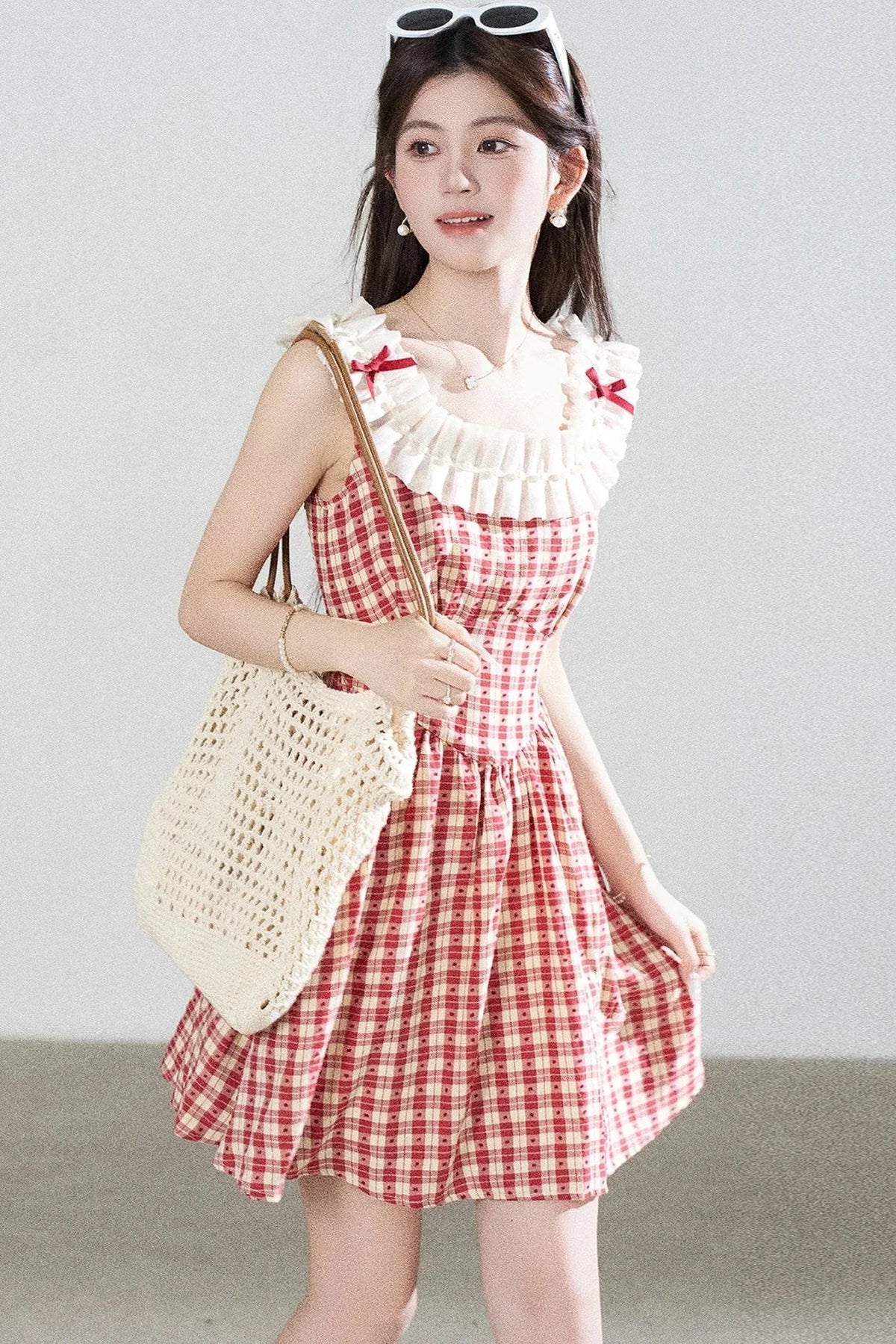 Red Plaid Sleeveless Ruffle Dress