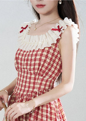 Red Plaid Sleeveless Ruffle Dress