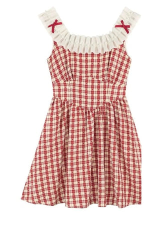 Red Plaid Sleeveless Ruffle Dress