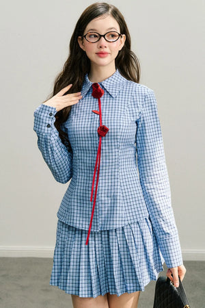 Red Rose Plaid Pleated Skirt Set-Up