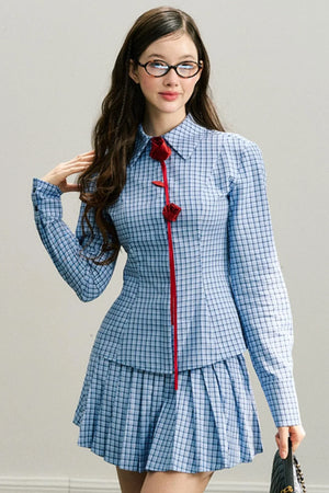 Red Rose Plaid Pleated Skirt Set-Up