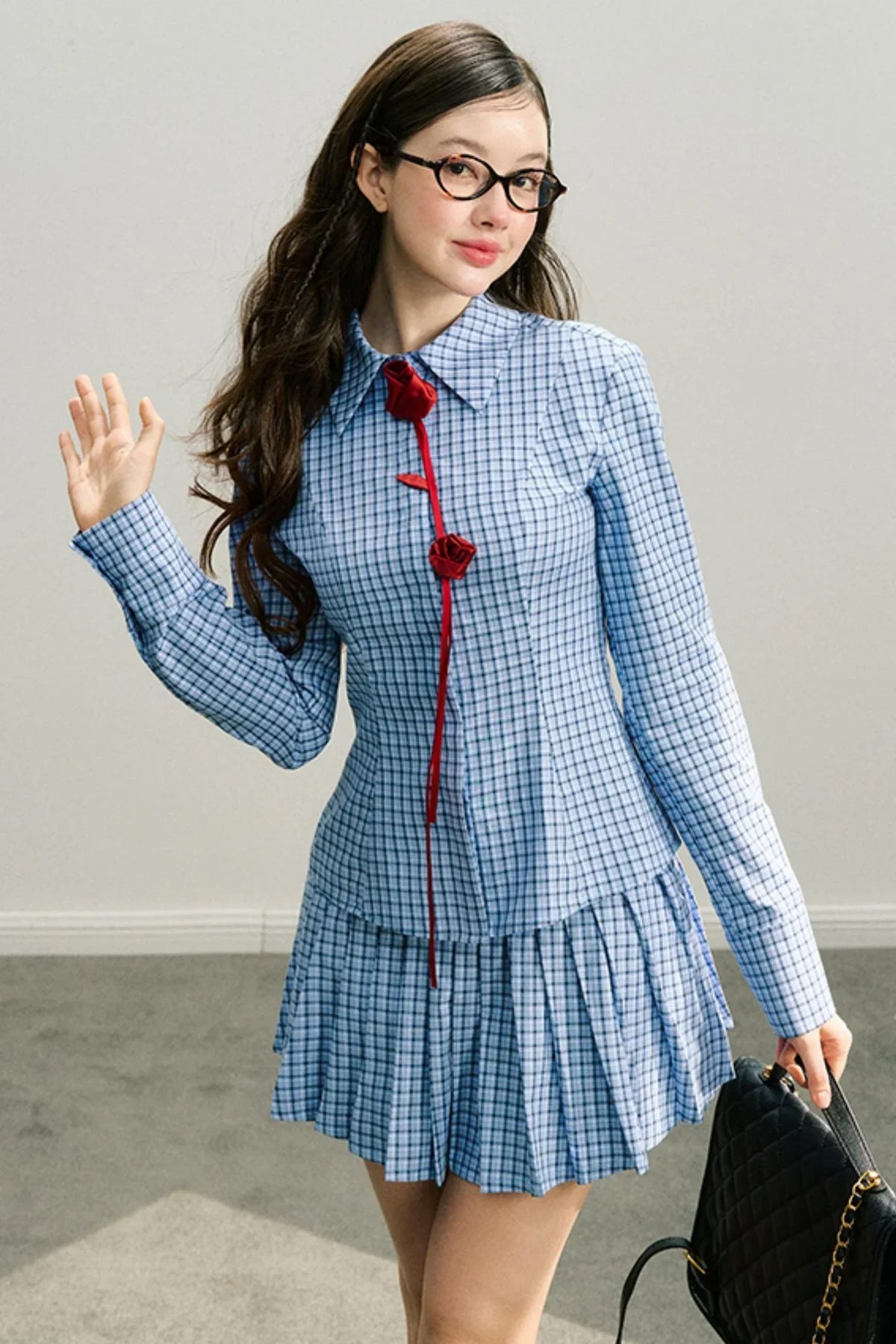 Red Rose Plaid Pleated Skirt Set-Up