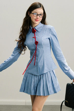Red Rose Plaid Pleated Skirt Set-Up
