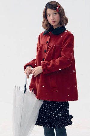 Red Woolen Doll Collar Coat