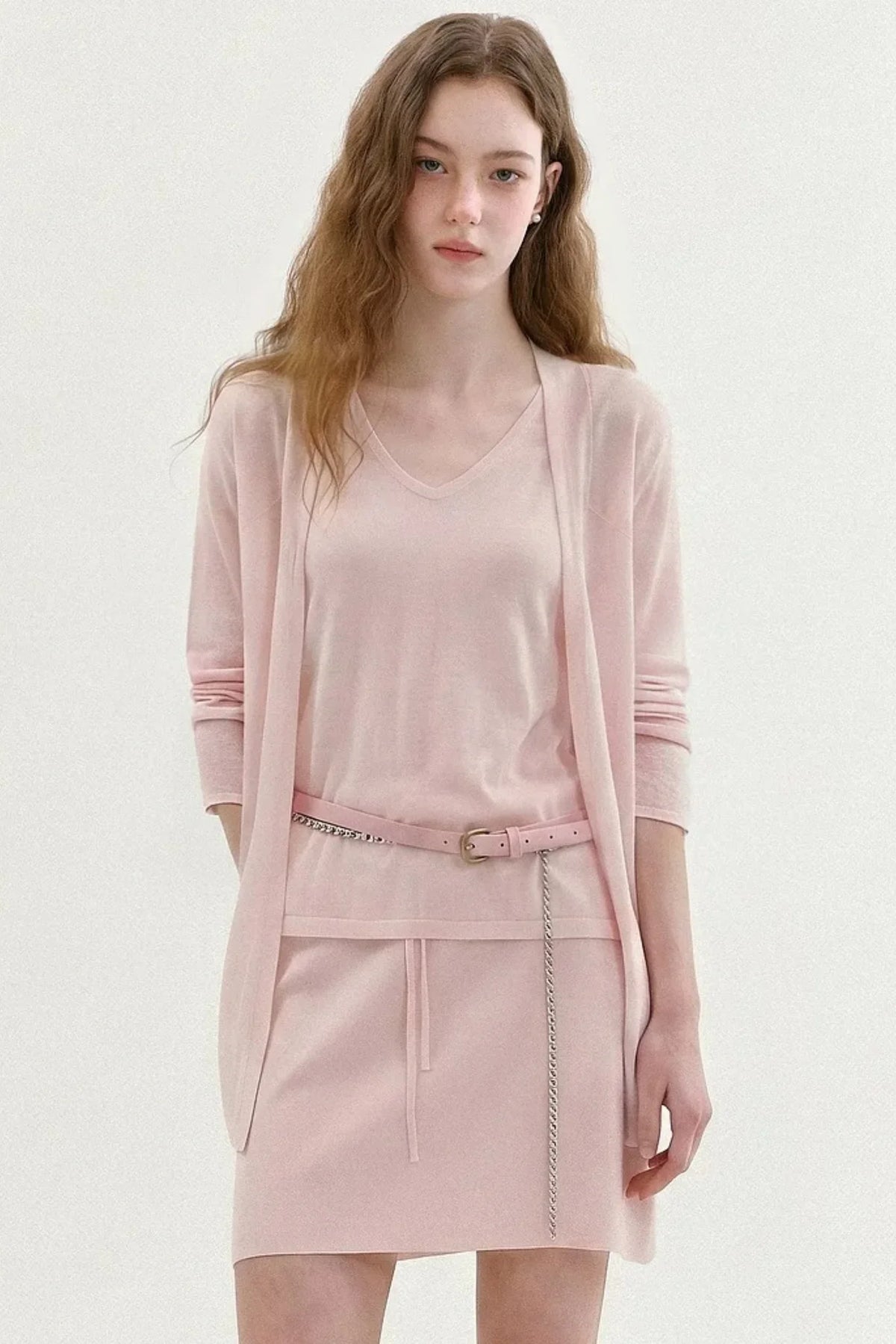 Relaxed Knit Vest Cardigan Skirt Set-Up