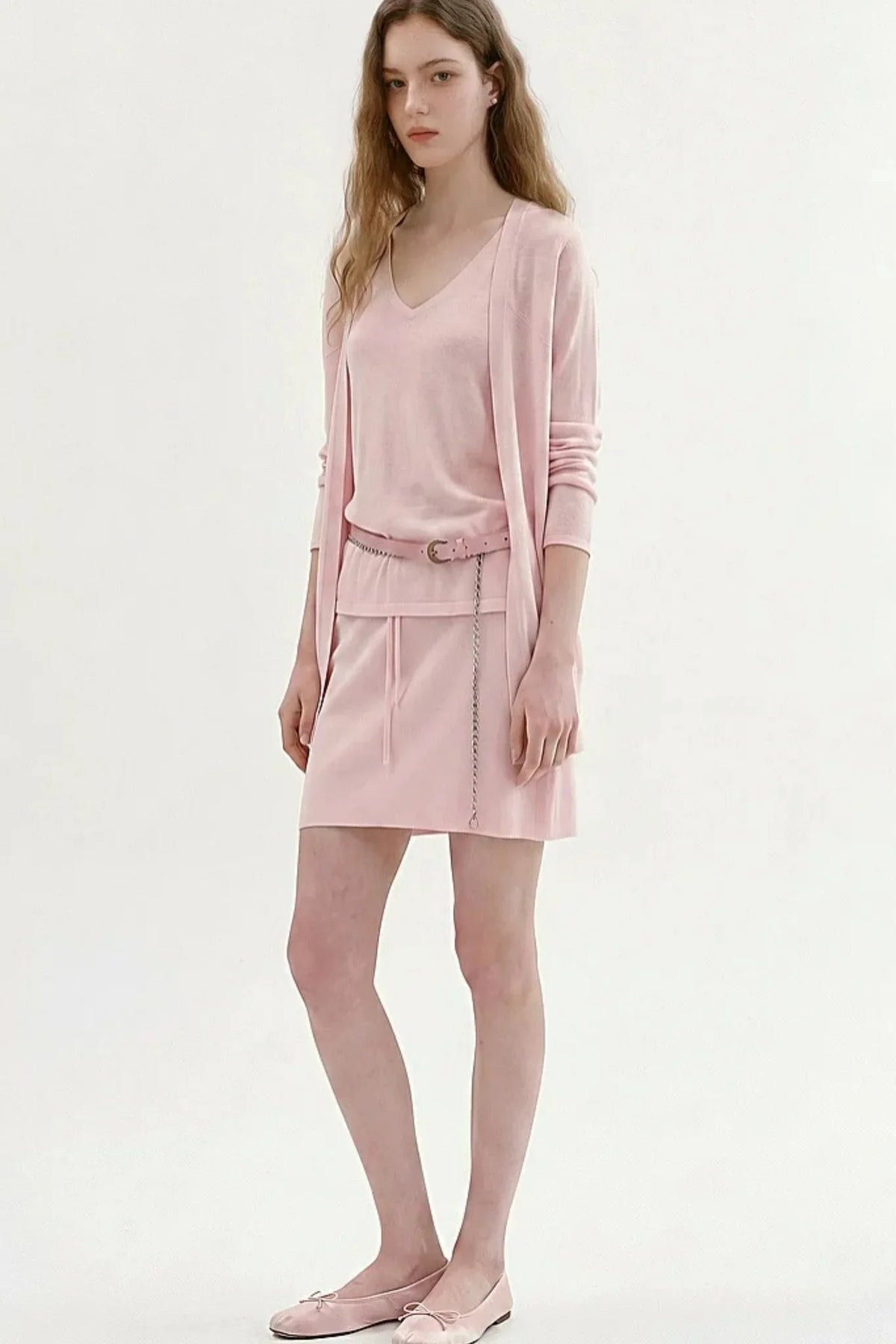 Relaxed Knit Vest Cardigan Skirt Set-Up