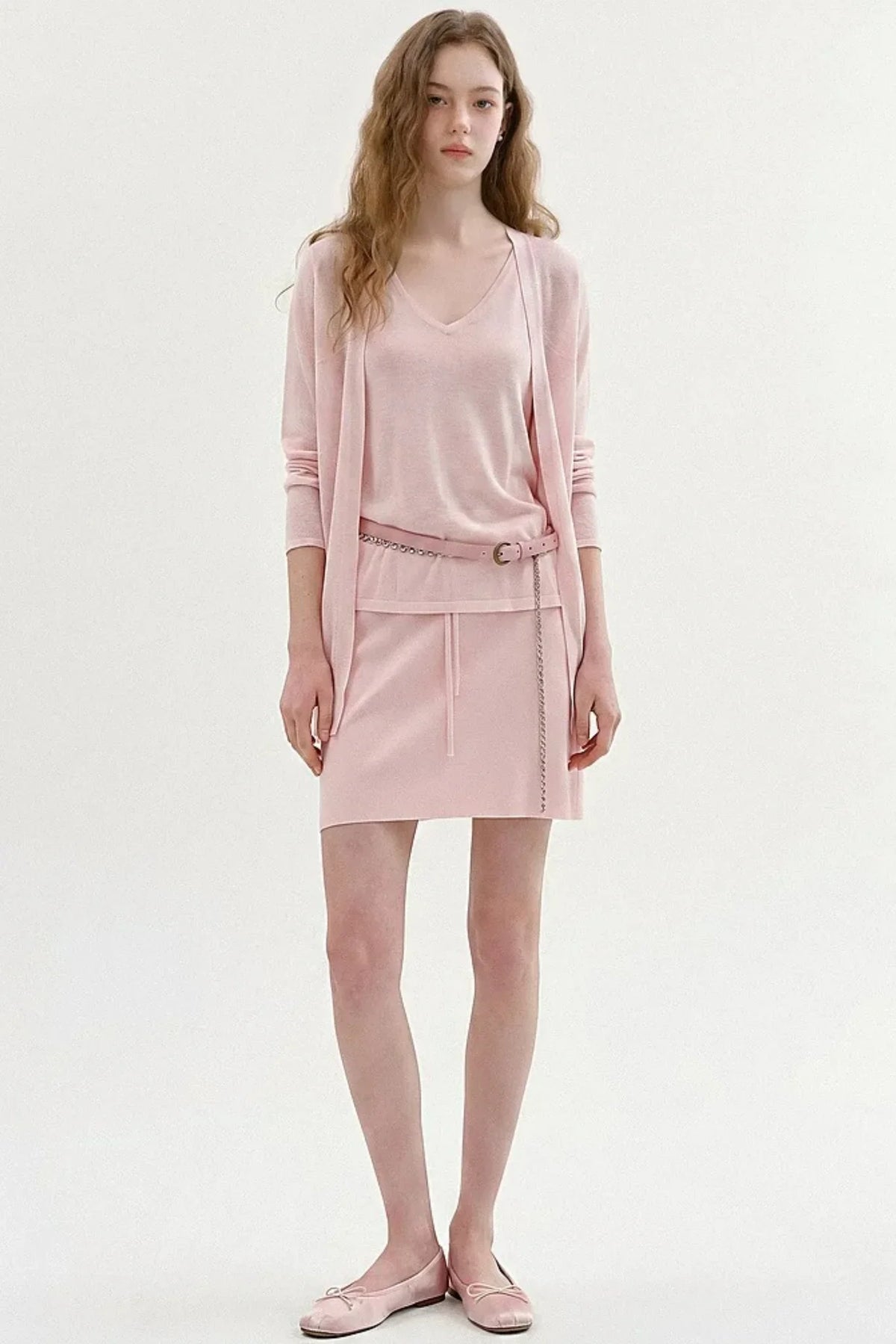 Relaxed Knit Vest Cardigan Skirt Set-Up