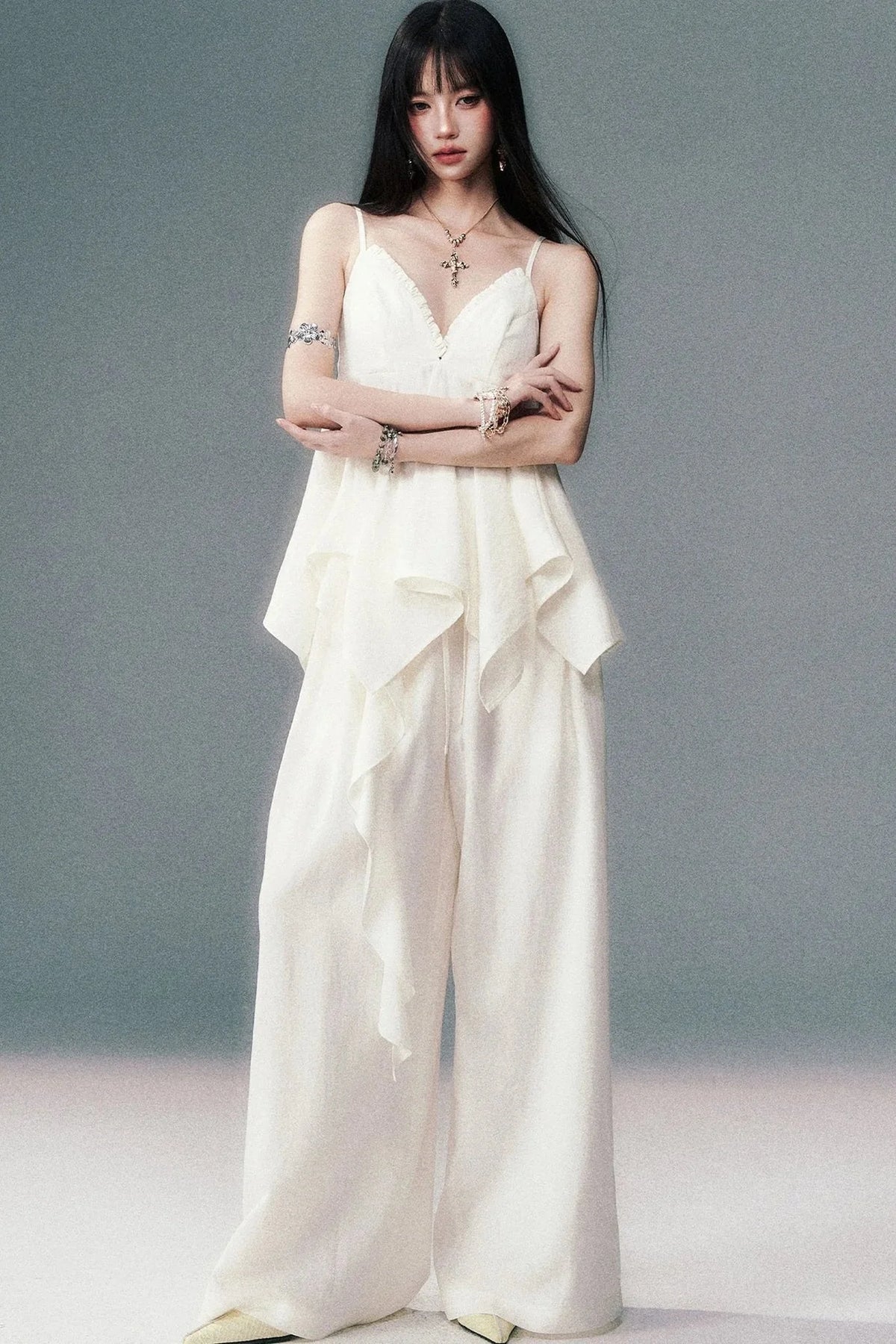 Relaxed V-Neck Camisole And Wide-Leg Pants Set-Up