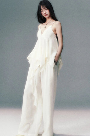 Relaxed V-Neck Camisole And Wide-Leg Pants Set-Up