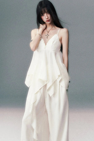 Relaxed V-Neck Camisole And Wide-Leg Pants Set-Up