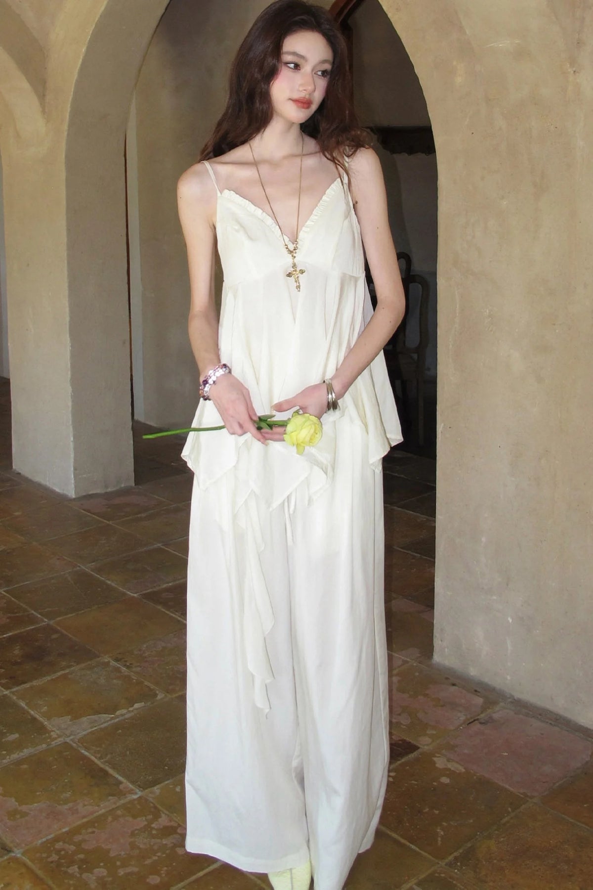 Relaxed V-Neck Camisole And Wide-Leg Pants Set-Up