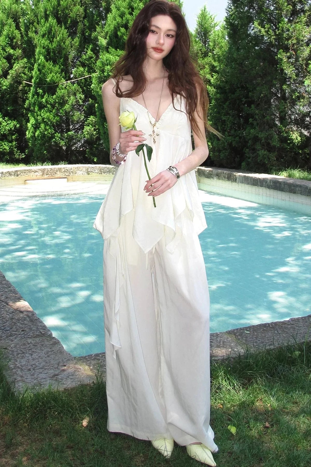 Relaxed V-Neck Camisole And Wide-Leg Pants Set-Up