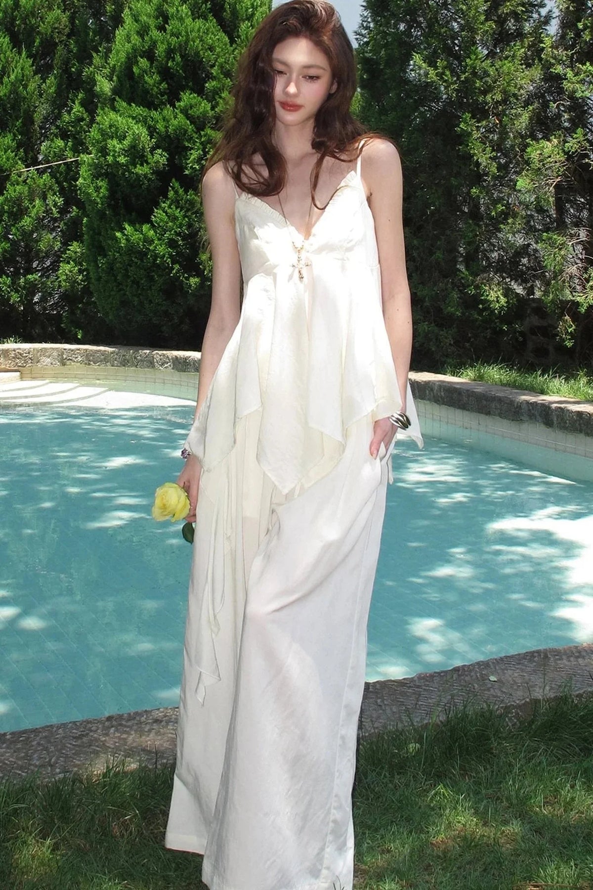 Relaxed V-Neck Camisole And Wide-Leg Pants Set-Up
