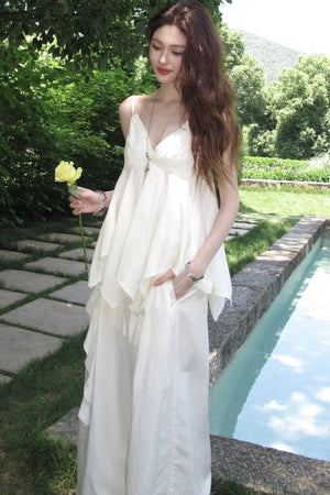 Relaxed V-Neck Camisole And Wide-Leg Pants Set-Up