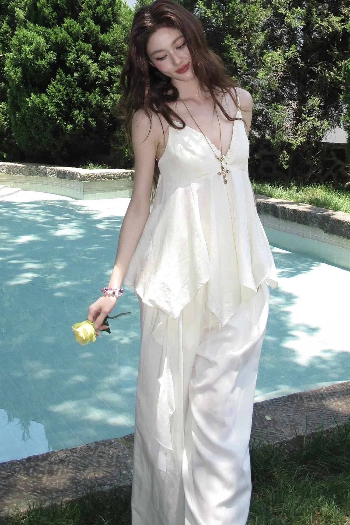 Relaxed V-Neck Camisole And Wide-Leg Pants Set-Up
