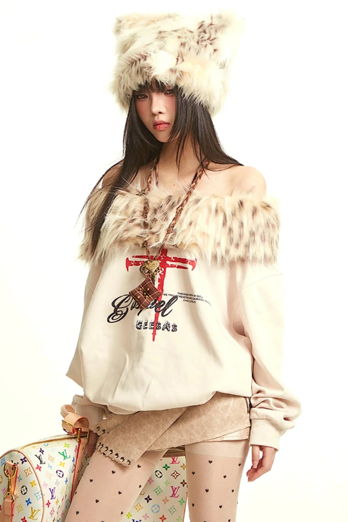 Retro Apricot Fur Collar Sweatshirt