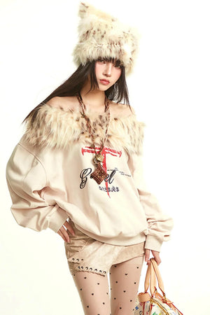 Retro Apricot Fur Collar Sweatshirt