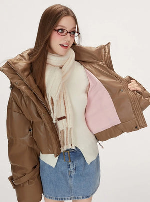 Retro biker style hooded warm leather jacket