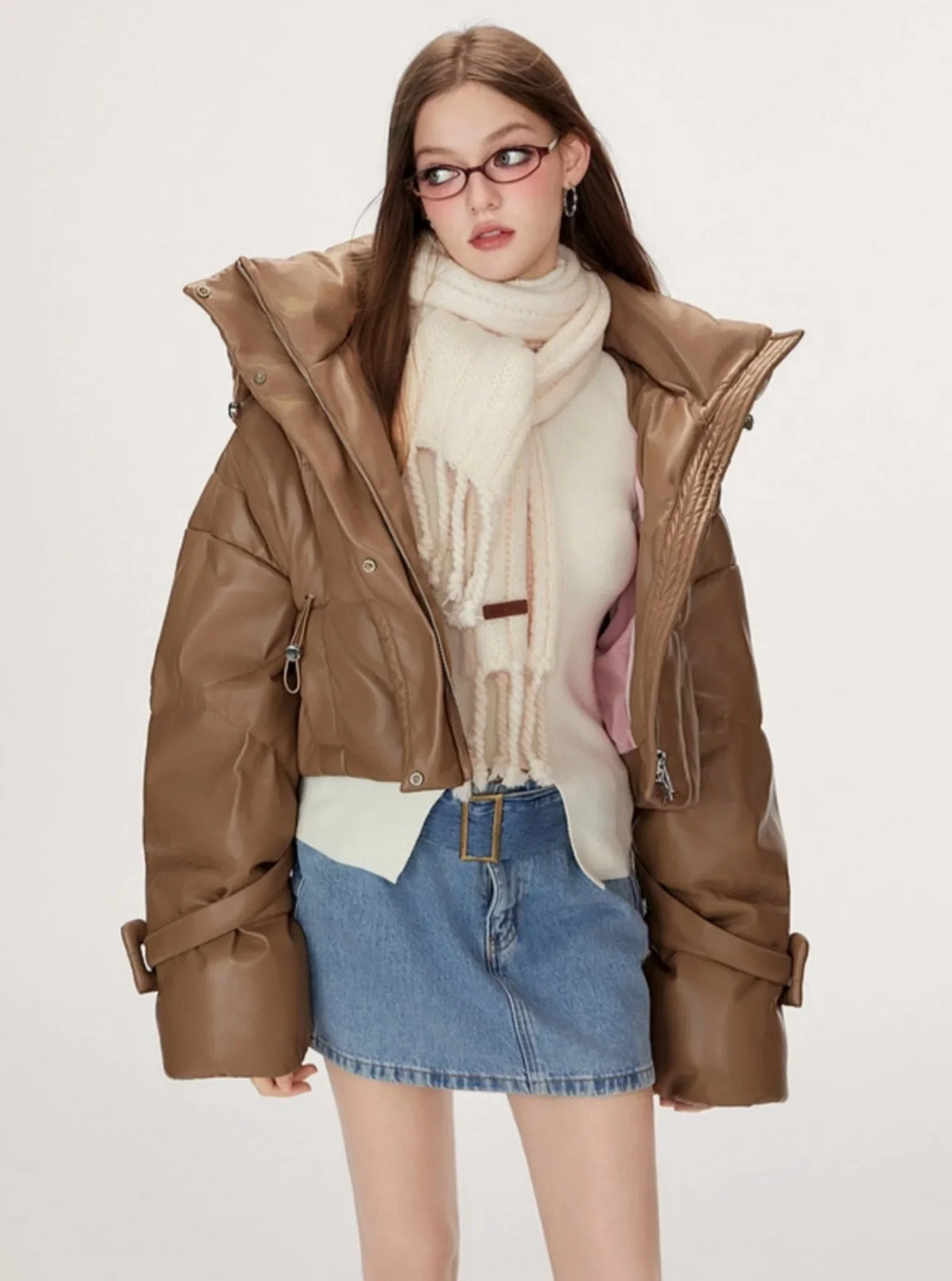 Retro biker style hooded warm leather jacket
