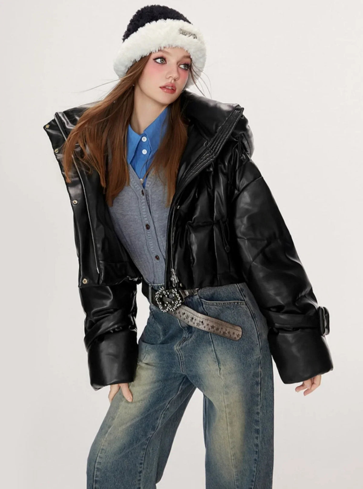 Retro biker style hooded warm leather jacket
