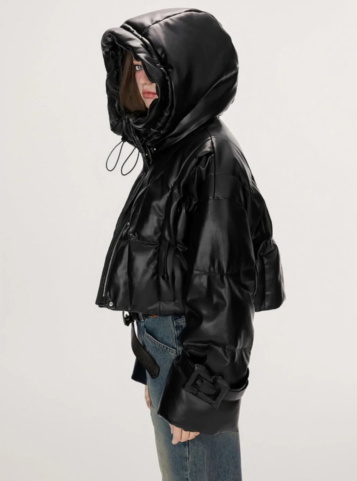 Retro biker style hooded warm leather jacket