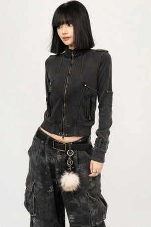 Retro Black Zipper Cardigan