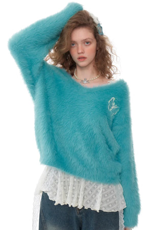 Retro Blue Fur V-Neck Sweater