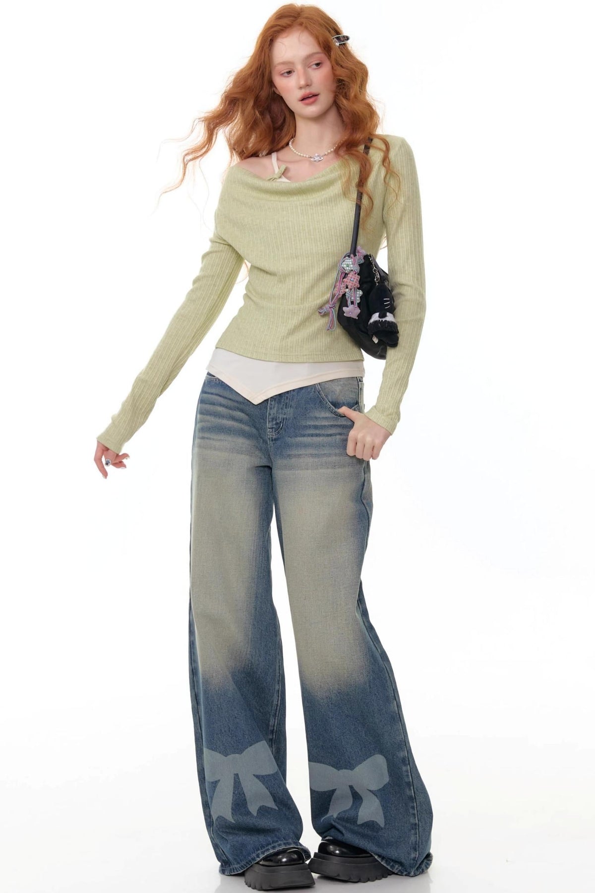 Retro Bow Design High-Waisted Denim Pants