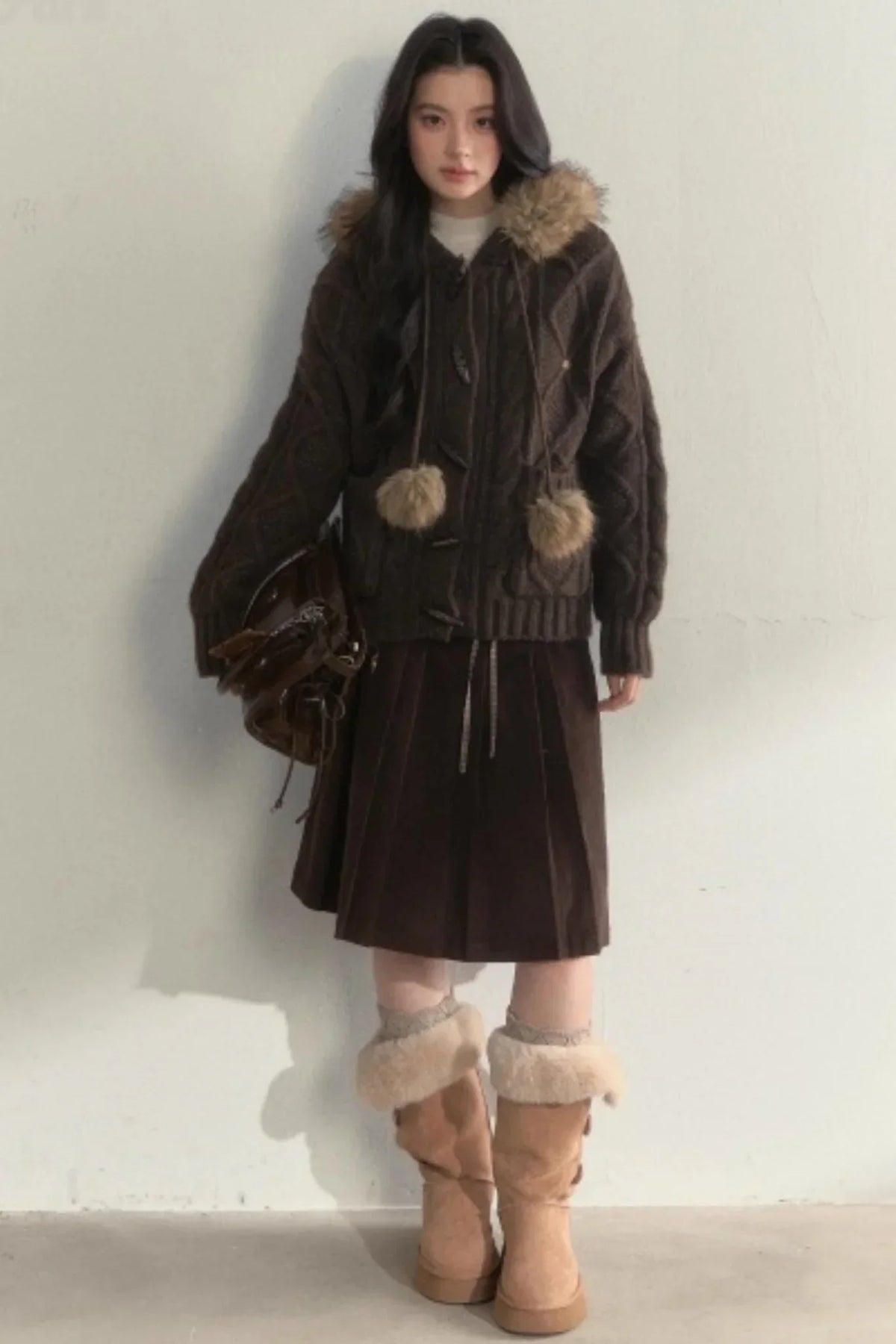 Retro Brown Corduroy Pleated Skirt
