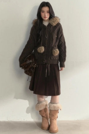 Retro Brown Corduroy Pleated Skirt