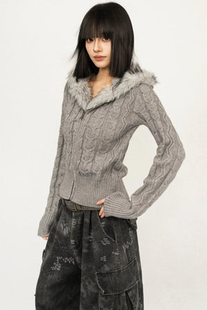 Retro Cable Knit Hooded Cardigan