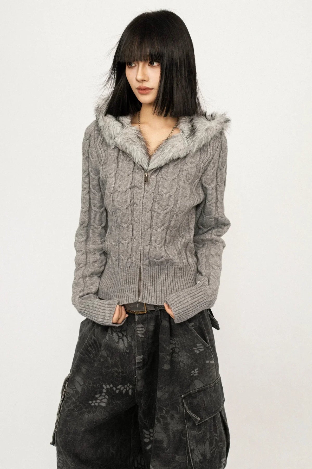 Retro Cable Knit Hooded Cardigan