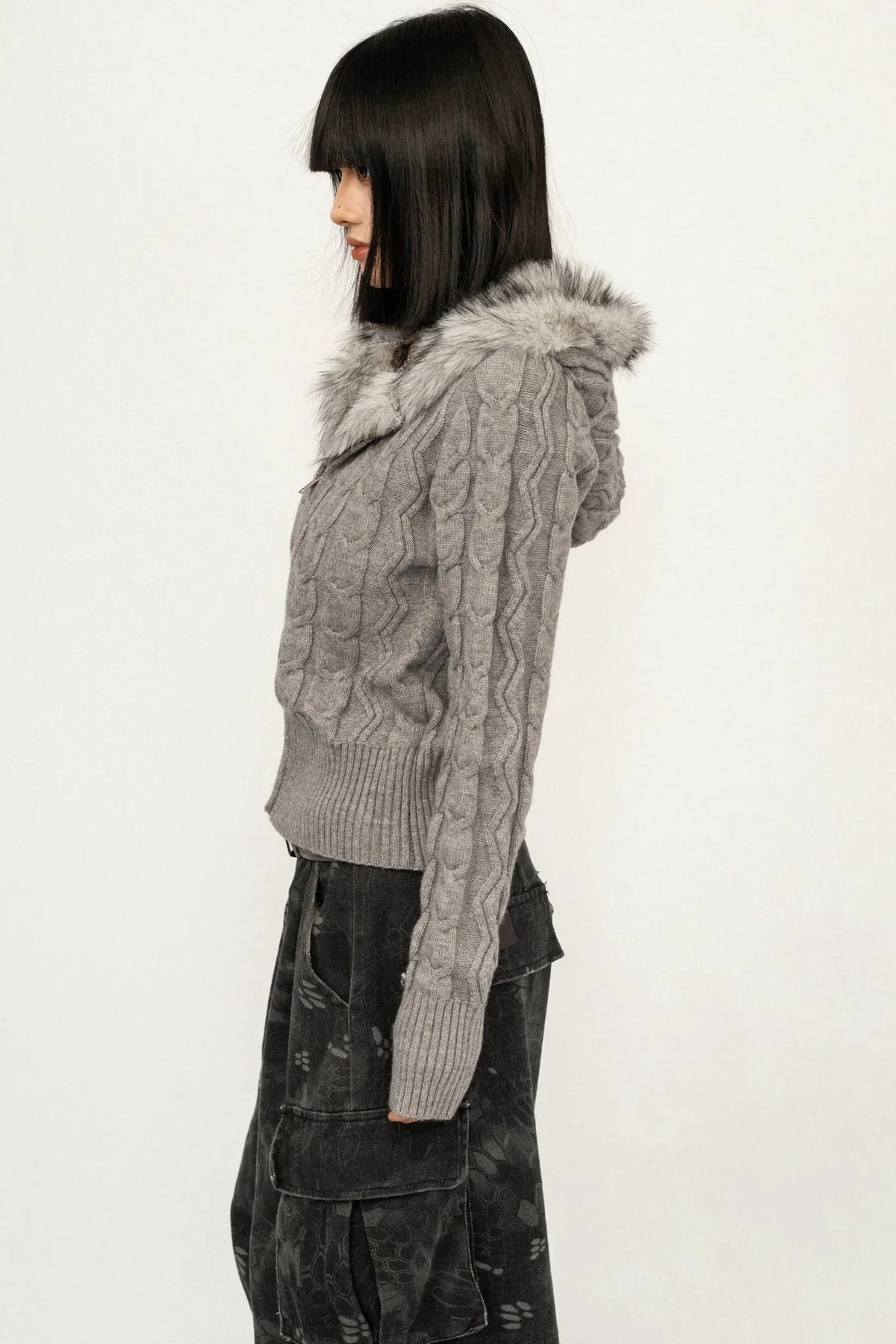 Retro Cable Knit Hooded Cardigan