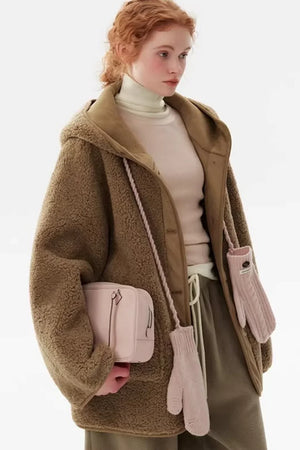 Retro Camel Hooded Fur Coat