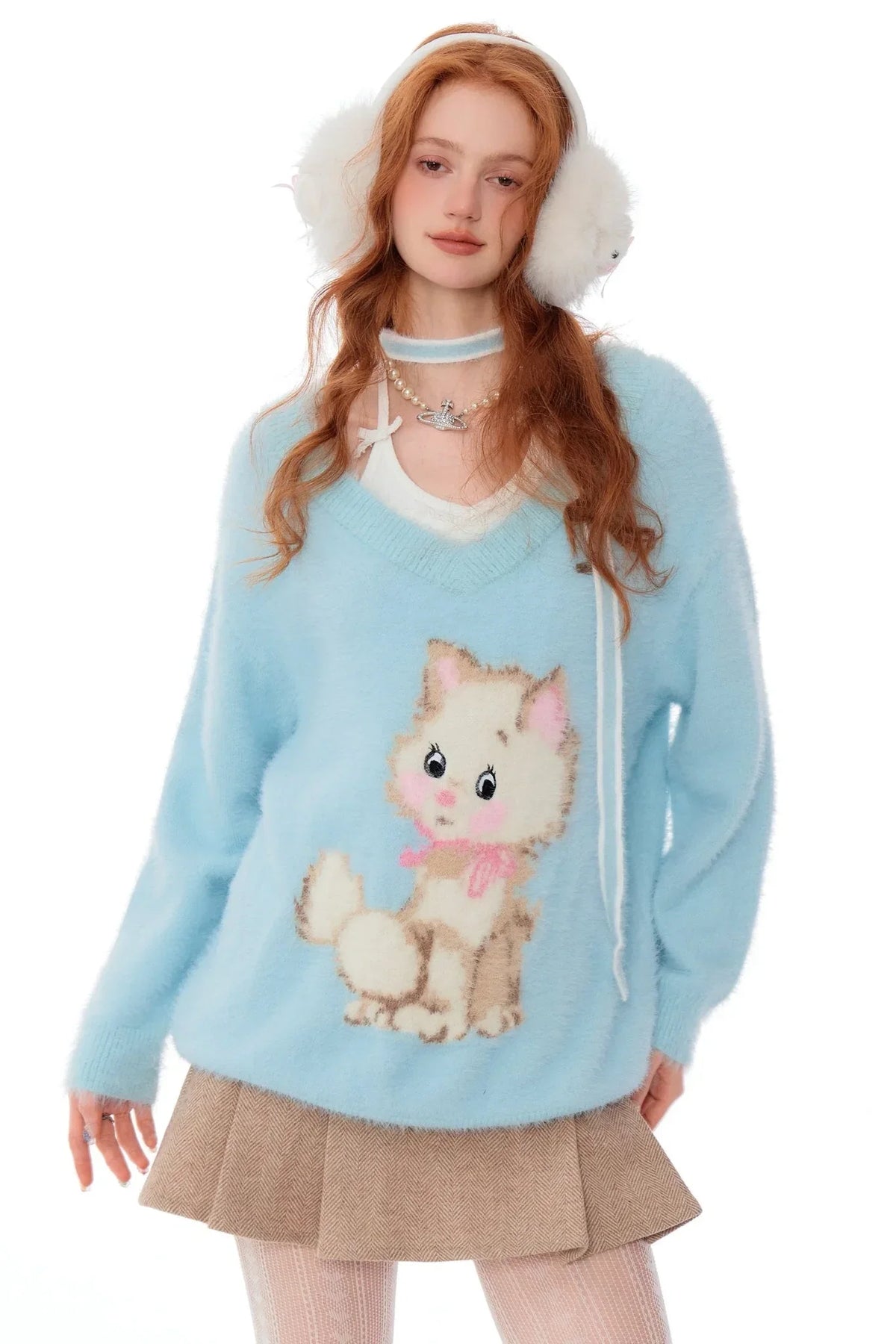 Retro Cat Plush V-Neck Sweater