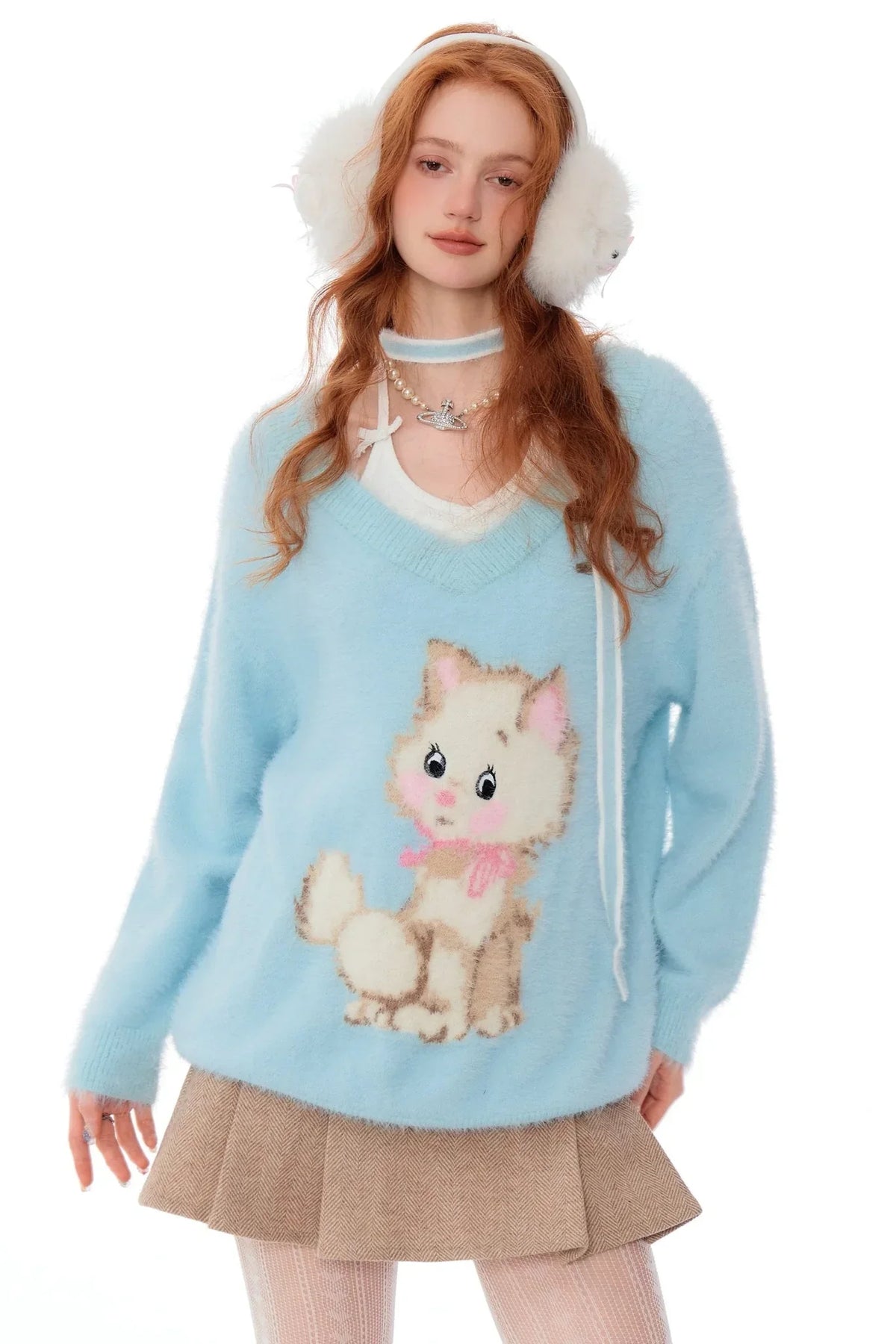 Retro Cat Plush V-Neck Sweater