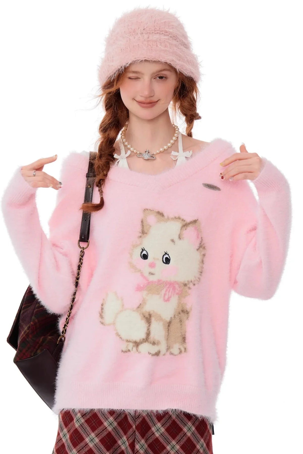 Retro Cat Plush V-Neck Sweater