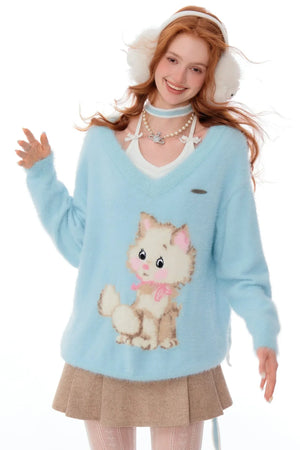 Retro Cat Plush V-Neck Sweater