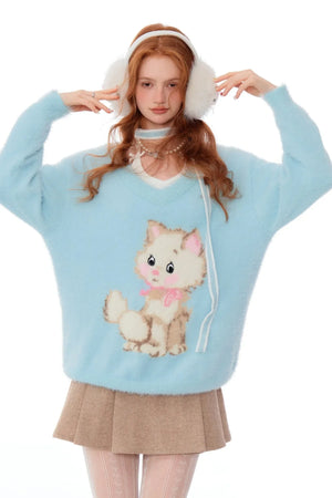 Retro Cat Plush V-Neck Sweater