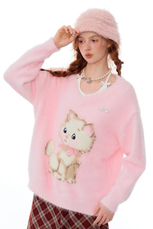 Retro Cat Plush V-Neck Sweater