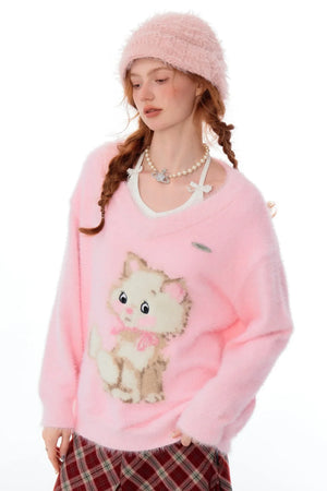 Retro Cat Plush V-Neck Sweater