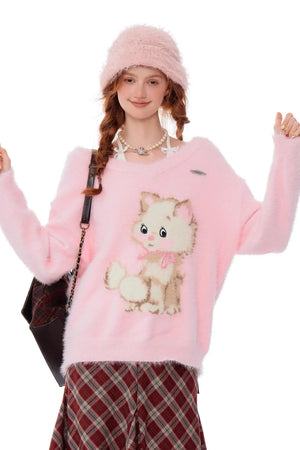 Retro Cat Plush V-Neck Sweater