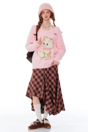 Retro Cat Plush V-Neck Sweater
