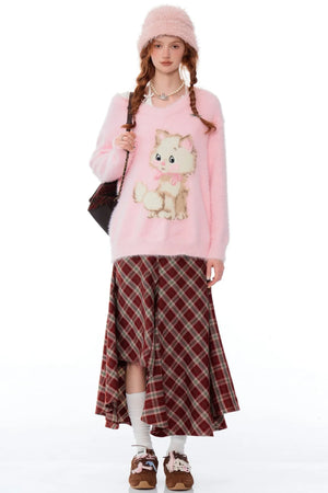 Retro Cat Plush V-Neck Sweater