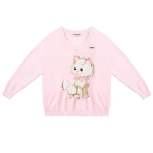 Retro Cat Plush V-Neck Sweater