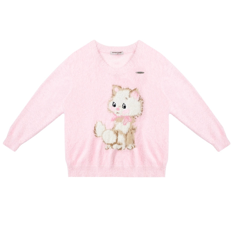 Retro Cat Plush V-Neck Sweater