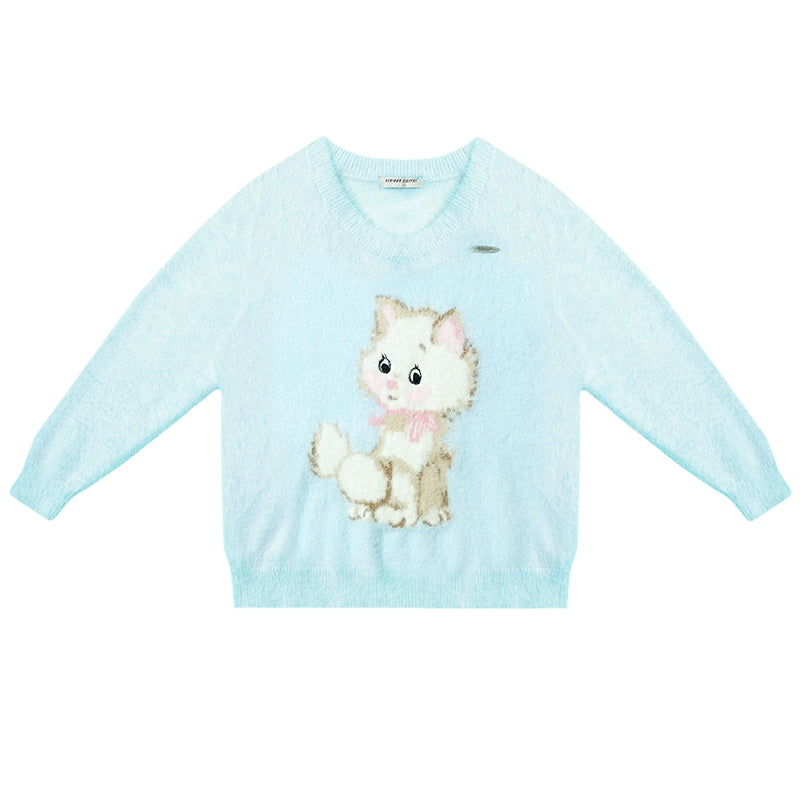 Retro Cat Plush V-Neck Sweater