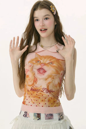 Retro Cat Print Knitted Vest