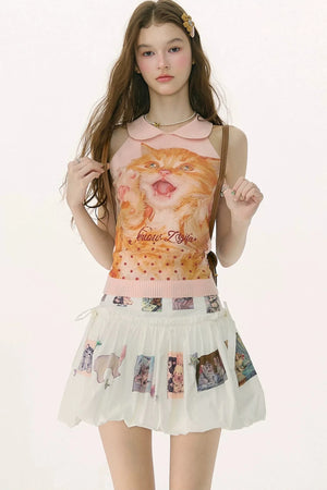 Retro Cat Print Knitted Vest