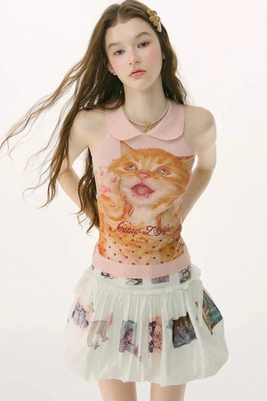 Retro Cat Print Knitted Vest